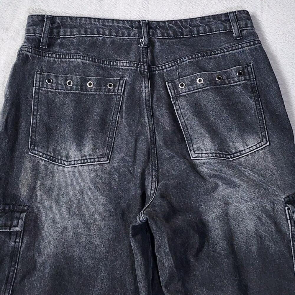 Hot Topic Black Wash Wide Leg Cargo Jeans Strappy Grommet Goth Y2K Size 13 - Picture 4 of 8